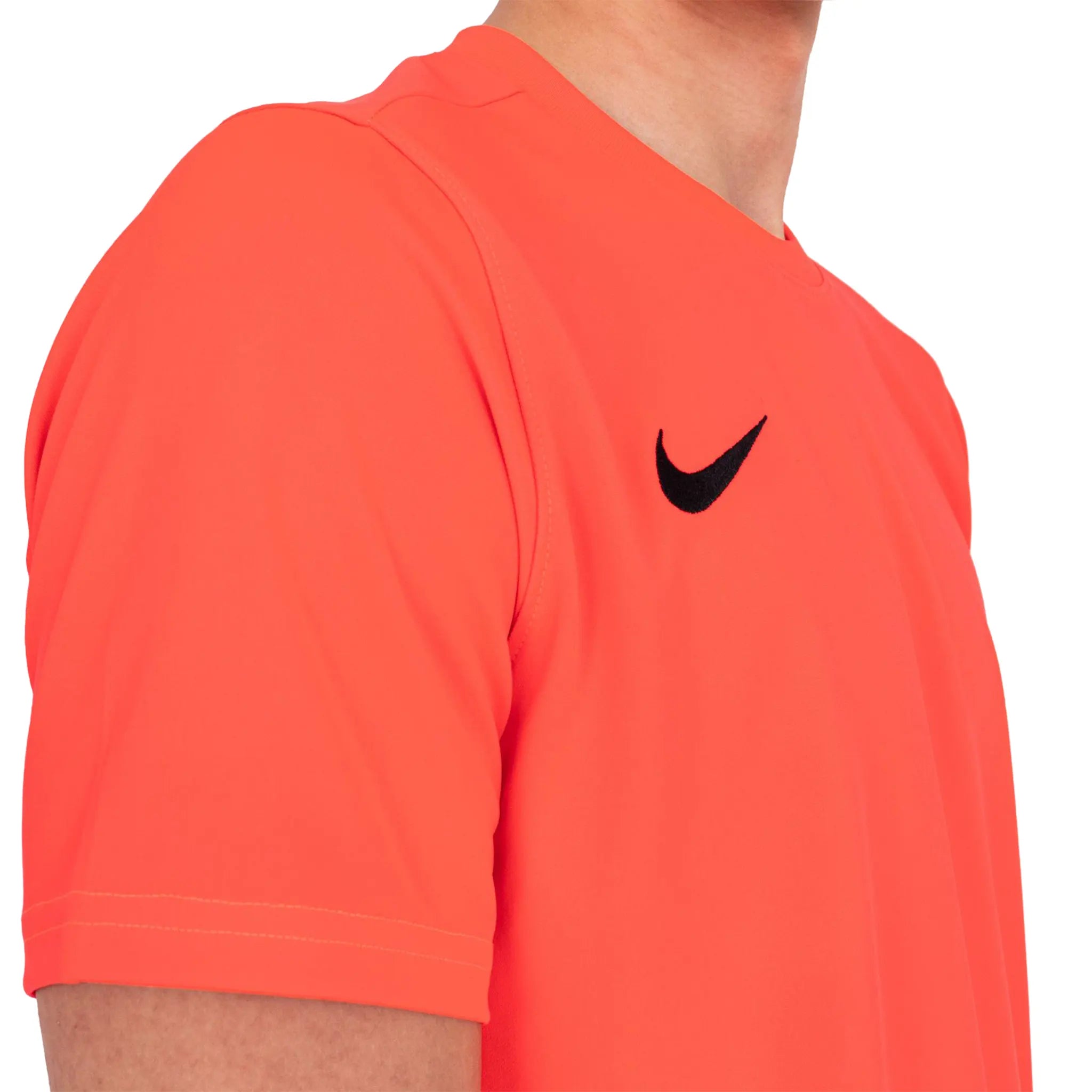 Model chest view of Nike Dri-FIT Park VII SS Bright Crimson Black T Shirt BV6708-635